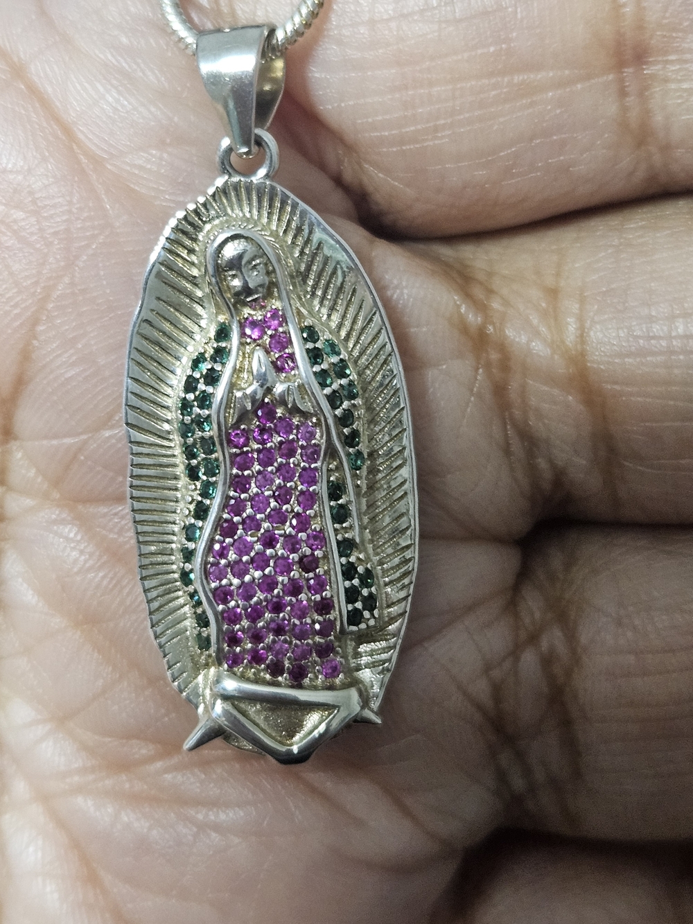 925S Our Lady Guadalupe Pendant with Purple Garnet and Green Diopside Stones